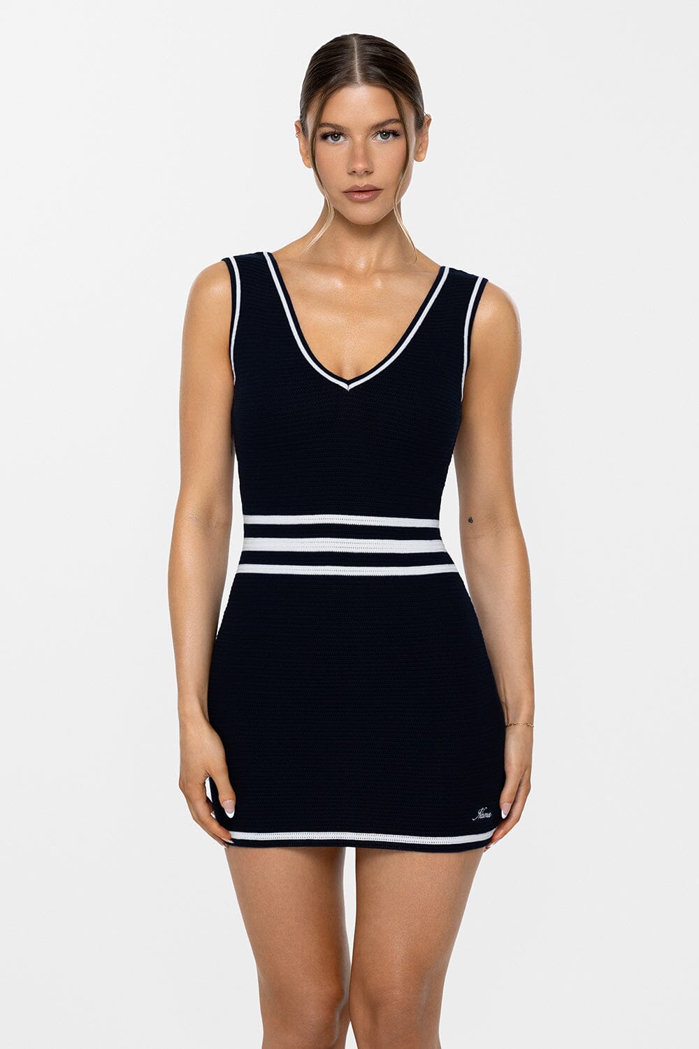 navy blue crochet dress HATCH Collection The Elodie Crochet Dress in Navy with Vanilla Trim
